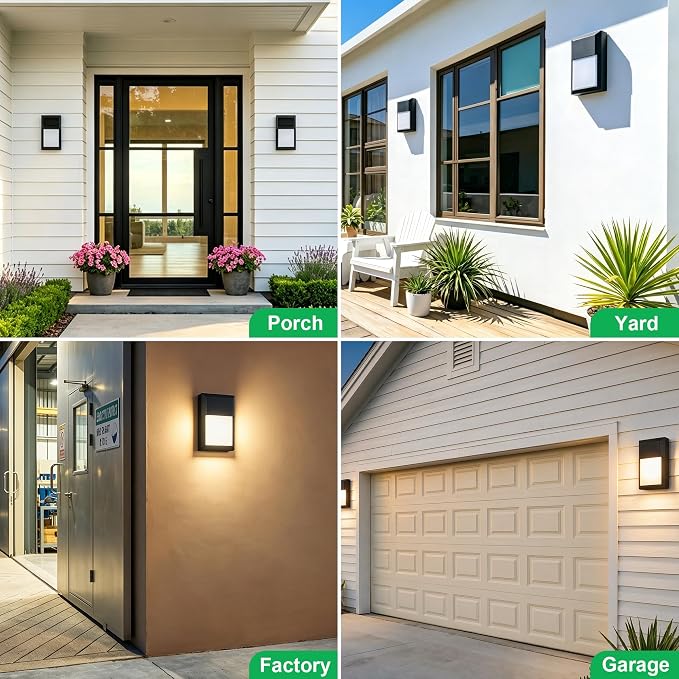 Outdoor Porch Light, LED Wall Sconce, Rustproof Aluminum | Modern Exterior Wall Light Fixture for House, Patio, Garage, 12W 1000 Lumen, Waterproof, 3000K, Black, 2 Pack