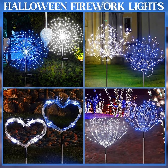 Tujoe 6 Pcs Christmas Solar Firework Stake Lights 180 LED 8 Modes Solar Waterproof LED Sparkler Lights Outdoor Decoration for Garden Patio Yard Pathway Walkway Lawn Xmas Winter Decor (Blue, White)