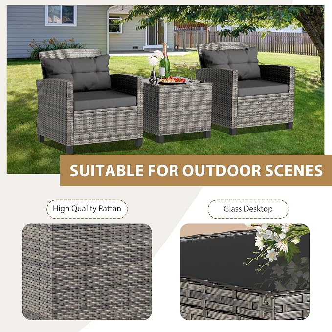 JAMFLY 3 Piece Wicker Patio Furniture Set - Outdoor Rattan Conversation Set with Soft Cushions & Glass Coffee Table for Balcony, Porch, Small Backyard - All Weather Grey Bistro Set, Grey