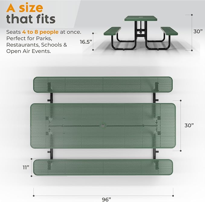 Commercial Heavy-Duty Metal Picnic Table - ADA Compliant, Adjustable Seats, Umbrella Hole (Green, 8' Rectangular, Punched Steel)