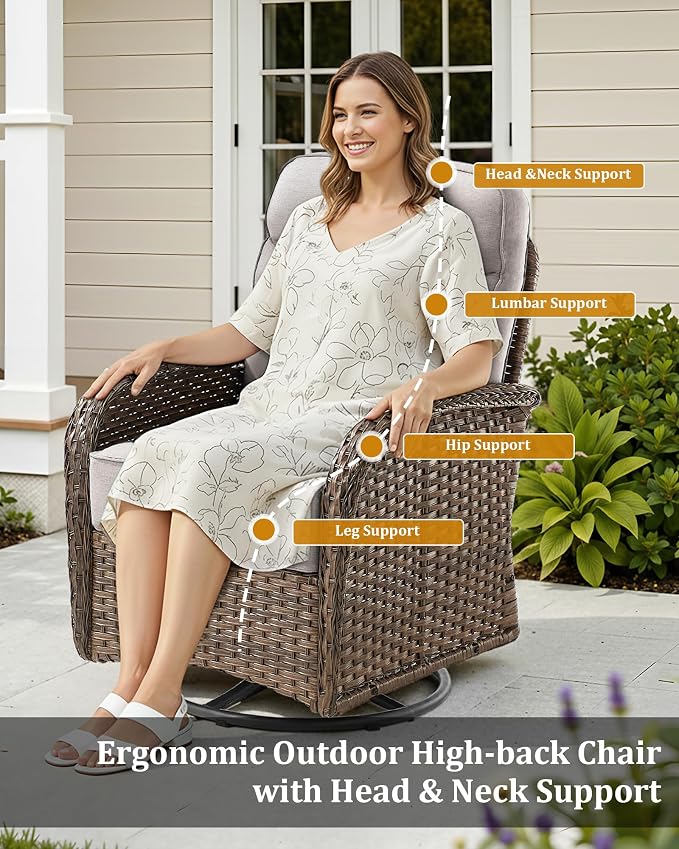 8-Piece Luxury Patio Furniture Set with 42.5" Fire Pit Table, Outdoor Wicker Sofa Couch & Swivel Rocker Chairs with 6-inch Thick Cushion, Conversation Set for Poolside, Deck & Yard - Beige