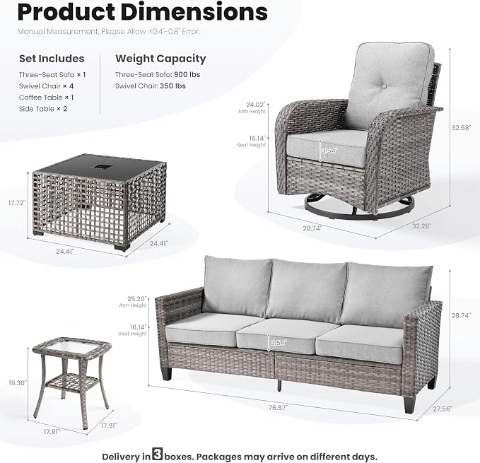 ovios 8 Pieces Patio Furniture Set, Outdoor Wicker Sofa Couch with Swivel Glider Chairs Solar Lights Table, Modern Deep Seat Rattan Conversation Sets for Deck Porch, Dark Grey
