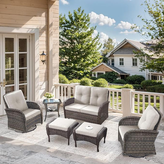 6 Pieces Patio Wicker Furniture Set-Outdoor Swivel Chairs Set of 2 Outdoor Glider Love seat with Outdoor Footstool Patio Furniture for Deck Porch Garden Balcony Poolside-Brown/Beige
