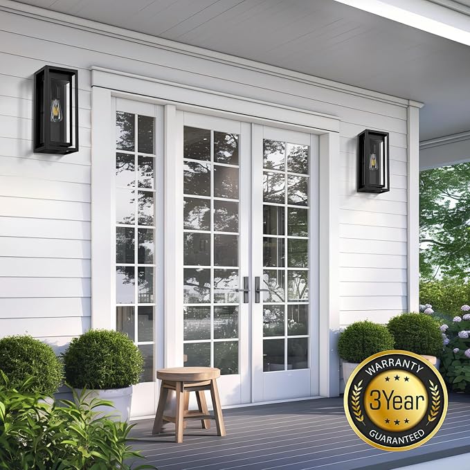 15" Large Outdoor Wall Lights, 2 Pack Matte Black Outdoor Sconces, Modern Waterproof Exterior Lighting Fixtures with Clear Glass Shade for Front Door, Porch, Garage