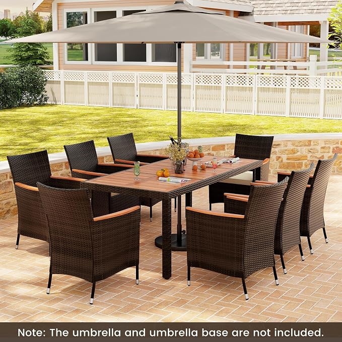 KOTEK 9 Piece Outdoor Dining Set, Wicker Patio Dining Set for 8 with Acacia Wood Table & Chairs, 1.96'' Umbrella Hole, Patio Table and Chairs Set for Backyard, Deck, Garden (Mix Brown)