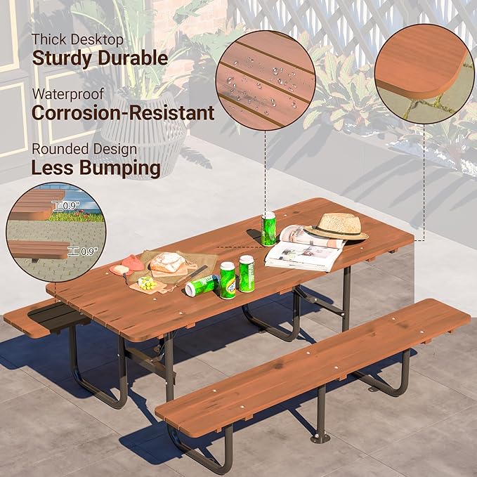 72" 6-Person Wooden Picnic Table, Outdoor Dining Table with Built-in Benches, Metal Leg, Weatherproof Wood Desktop, Heavy Duty with Umbrella Hole for Backyard (Brown+black, 72" Rectangle（6-Person）)