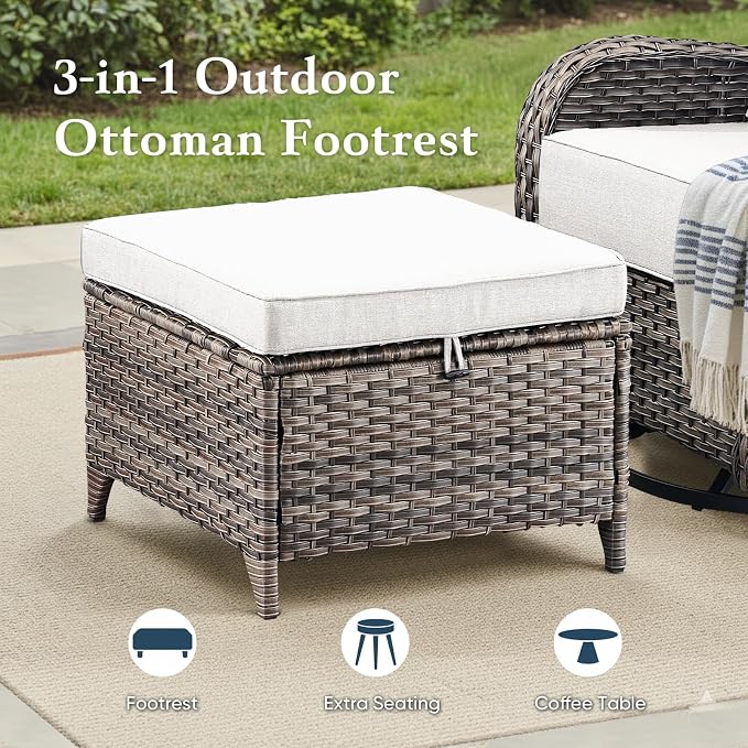 Belord Luxury 6" Thick Cushioned 5 Pieces Patio Furniture Set with 2 Ottomans, Wicker Outdoor Conversation Set with High Back Swivel Rocker Patio Chairs for Deck Porch Yard and Poolside - Grey+Beige