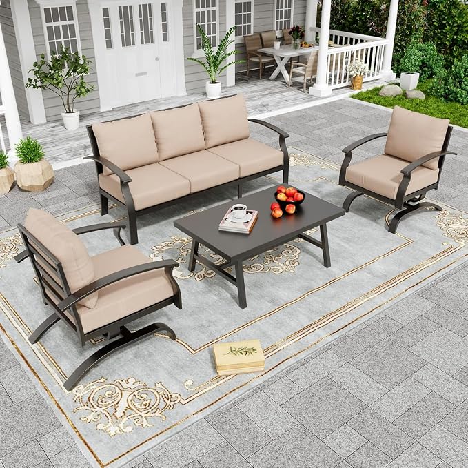 Metal Patio Furniture Set,4 Pieces 5 Seats Patio Sectional Outdoor Furniture Set with Rectangular Coffee Table,Patio Conversation Sets with 5.1" Thickened Cushions,SandSand