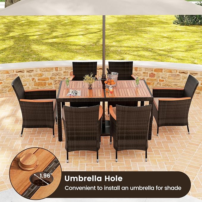 KOTEK 7 Piece Outdoor Dining Set, Wicker Patio Dining Set for 6 with Stackable Chairs & Acacia Wood Table, 1.96'' Umbrella Hole, Patio Table and Chairs Set for Backyard, Deck, Garden (Mix Brown)