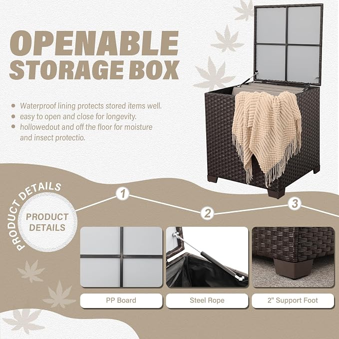 Valita 5 Pieces Brown Wicker Patio Furniture Set Outdoor Sectional Conversation Sofa Set with Storage Bin and Glass Table with Non-Slip Cushions Furniture Covers, Beige