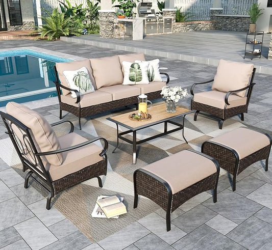 Sophia & William Patio Furniture Set, 7 Seats Metal Outdoor Conversation Set with 3-Seater Sofa, 2 Motion Chairs, 2 Ottoman, 1 Coffee Table for Seating Lawn Porch Backyard,Beige