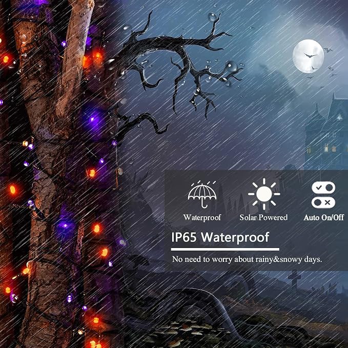 Solar Halloween Lights Outdoor 2 Pack 480 LED String Lights Orange Purple | 170FT, 8 Modes, Auto On/Off, Memory Function, Waterproof Solar Twinkle Lights for Outside Garden Party Graveyard Horror Decor