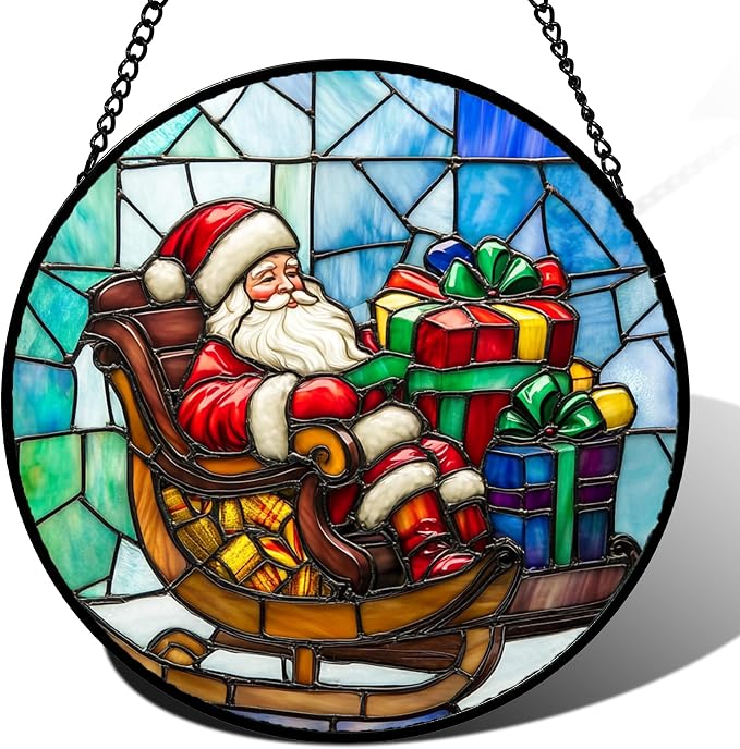 DASTOLL Stained Glass Window Hanging - Santa Claus Gift BoxSuncatcher for Doors Home Christmas Decoration Winter Sun Catcher Thanksgiving New Year Birthday Gift for Women Men Mom Nana 6.3 in