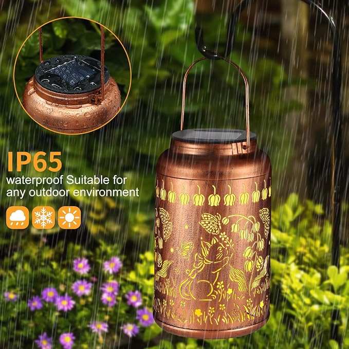 Solar Lanterns Outdoor Waterproof Garden Decor Gifts for Women(Cat) | Metal Hanging Solar Lights Birthday Gifts for Grandma Mom Solar Decoration Outside for Yard, Patio, Backyard, Porch