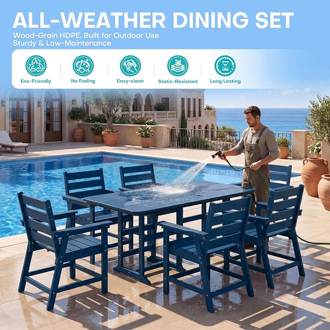 7-Piece Dining Set, HDPE Table & 6 Chairs, Navy Blue | HDPE Dining Set: 69.1" Table + 6 Chairs, 380 lbs, 304 Stainless, All-Weather, No Rust No Crack, Outdoor Patio Garden