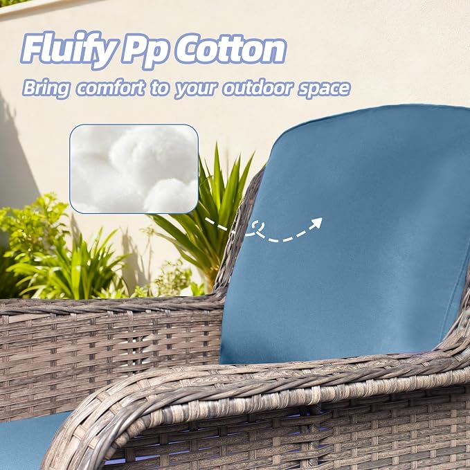 2 Pieces Patio Wicker Furniture Set, High Back Wicker Single Patio Chair Set with Ottoman, Outdoor Porch Chair with Thick Cushion for Balcony Deck Yard and Porch, Peacock Blue