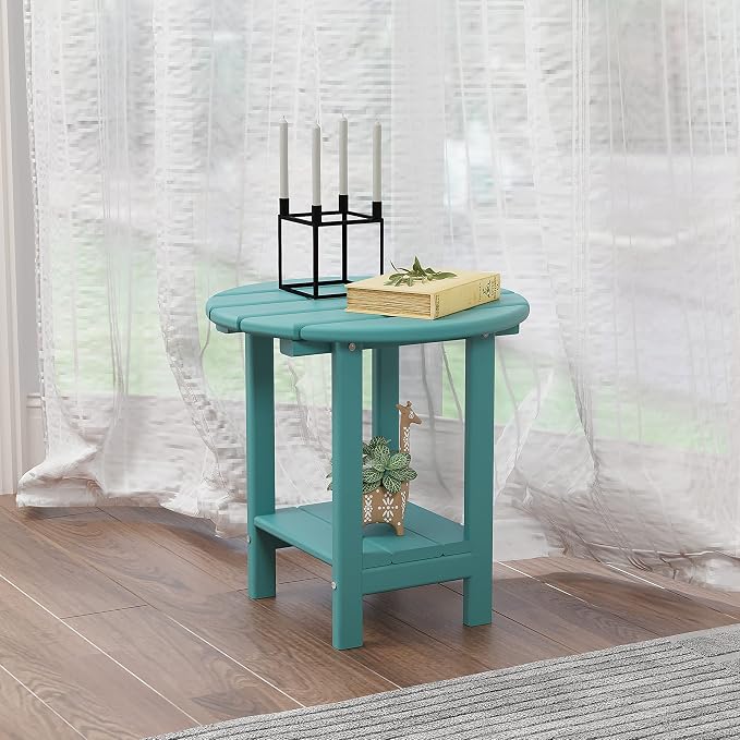 Sundale Outdoor 18" Round Small Side Table, Patio Adirondack End Table All Weather HDPE Water Resistant 2 Tier Round Outside Table for Pool, Garden, Beach, Turquoise