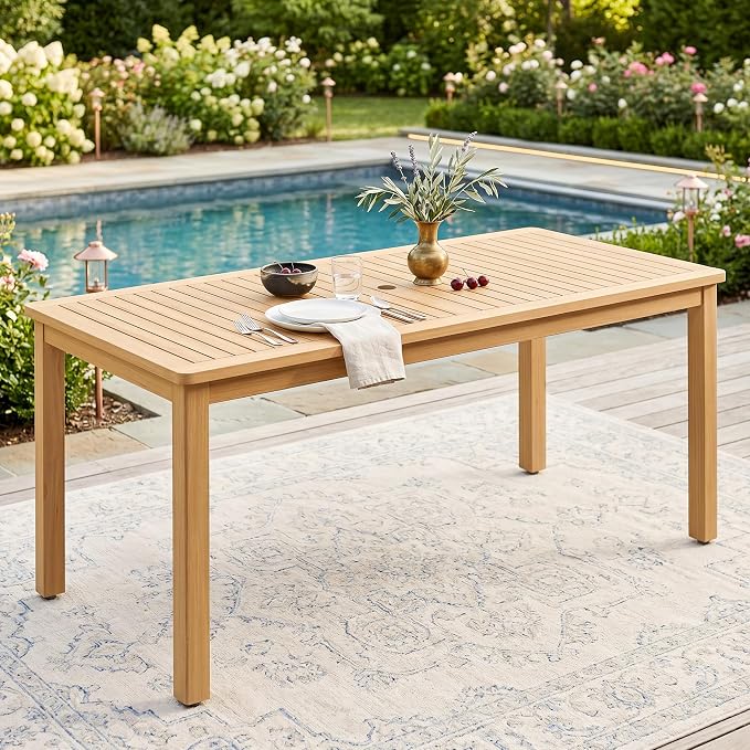 FansaFurn Acacia Outdoor Dining Table, 68"×32" Patio Dining Table with Umbrella Hole, All-Weather Solid Wood Outdoor Patio Table for Deck, Garden, Poolside, Lawn