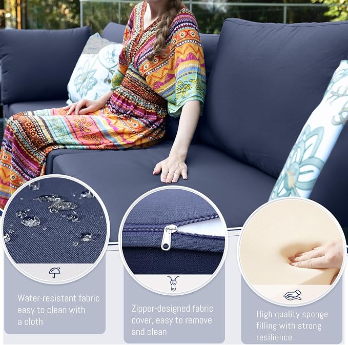 BULEXYARD 7 Piece High Back Outdoor Furniture Set with Fire Pit, Durable All Weather Wicker Patio Couch Sofa Set, Large Modular 6-Seater Sectional Backyard Seating Wide Deep for Lawn, Grey & Navy Blue