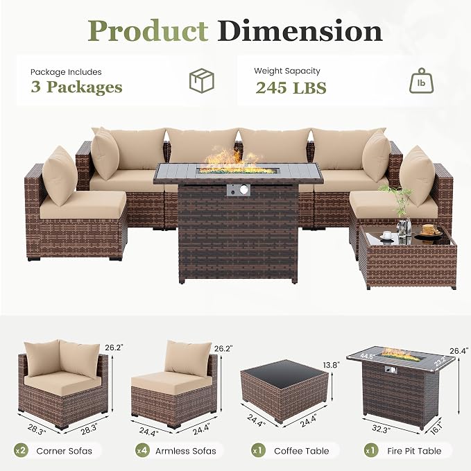 Amopatio 8 Pieces Patio Furniture Set with Fire Pit Table, Outdoor Sectional Conversation Sofa, All-Weather Wicker for Garden, Backyard, Porch, Balcony(Khaki)