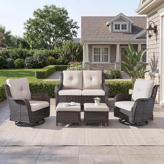 Belord 5 Piece Wicker Patio Furniture Set, Outdoor Swivel Rocker Chairs Set of 2 with Ottomans and Loveseat, All Weather Patio Conversation Furniture Set, for Porch Pool, Brown Wicker/Beige