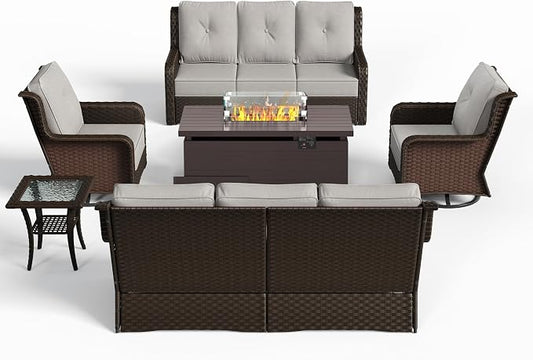 Sundale Outdoor Wicker Patio Furniture Set with Fire Pit, 6 Piece All Weather Outdoor Furniture Set with Swivel Chairs & Couch, High Back Patio Conversation Sets with 6" Cushions for Yard, Deck (Grey)