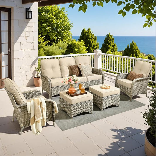 5-Piece Outdoor Patio Furniture Set,All Weather Wicker Rattan Patio Seating Sofa and Chair Set with Ottomans,Outdoor Conversation Sets with 3 Seater Couch for Porch Deck Yard,Beige
