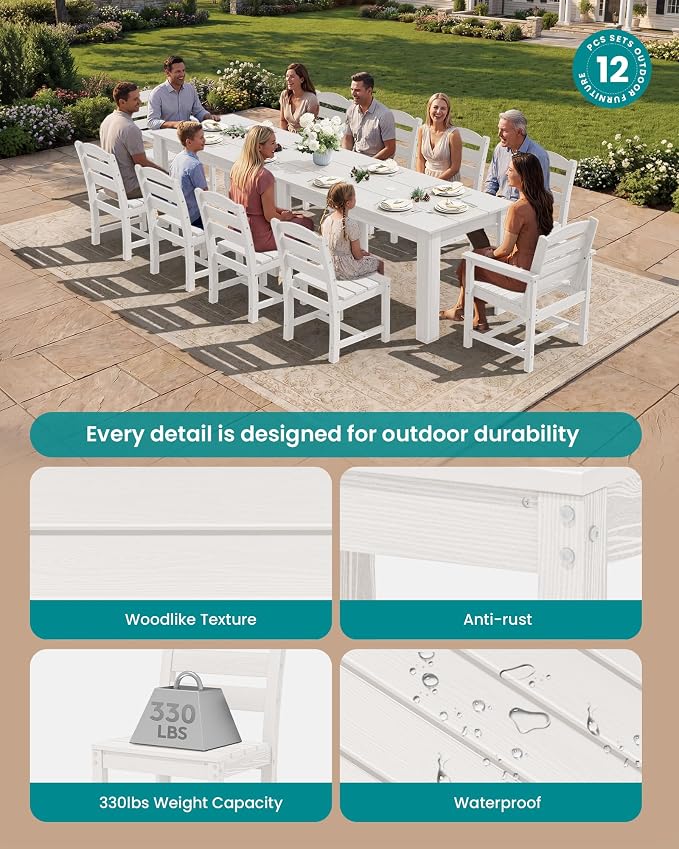SERWALL 59" HDPE Patio Dining Set for 10, w/ 2 Tables & 10 Chairs, White | All Weather Resistant HDPE Dining Sets for Patio, Garden, Backyard