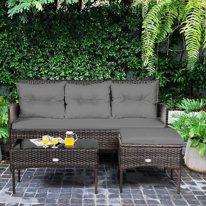 HAPPYGRILL 3 Pieces Patio Furniture Set Outdoor Rattan Conversation Set with Coffee Table, Seat & Back Cushions, Sectional Sofa Set for Poolside Balcony Backyard