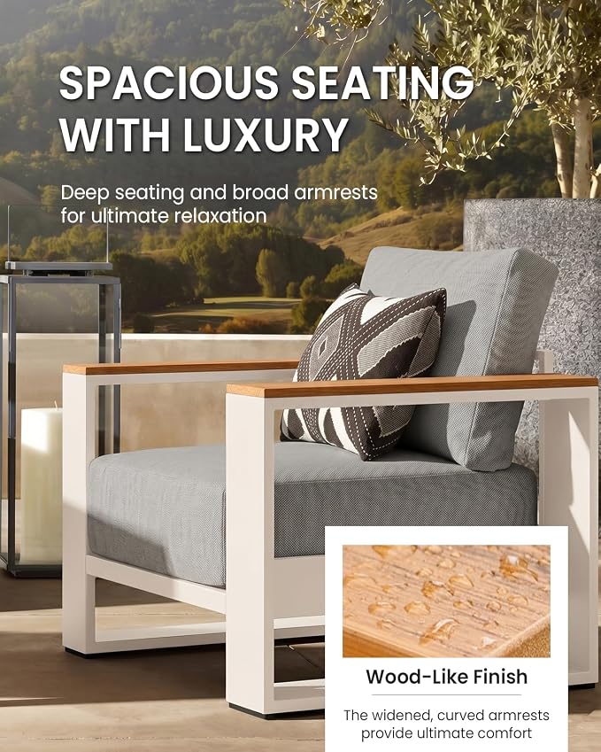 Oversized Aluminum Patio Furniture Set, 4 Pieces Luxury Outdoor Furniture Set with 7.1" Extra Thick Cushion, Modern Outdoor Sectional with Coffee Table for Porch, Garden and Deck, White