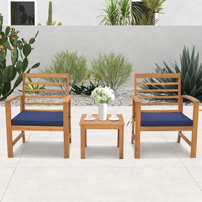 Tangkula 3 Pieces Outdoor Furniture Set, Acacia Wood Conversation Set with Soft Seat Cushions, Stable Acacia Wood Frame, Patio Sofa & Coffee Table Set for Backyard, Porch, Poolside (Navy)