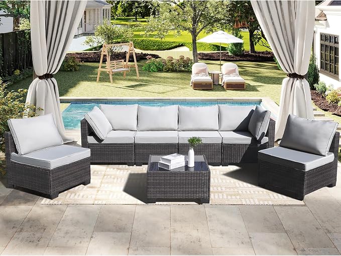 CANMOV 7 Pieces Patio Furniture Sets, All Weather Outdoor Patio Conversation Set, PE Wicker Rattan Sectional Sofa Couch Glass Coffee Table Washable Cushions for Backyard Garden, Poolside, Light Grey