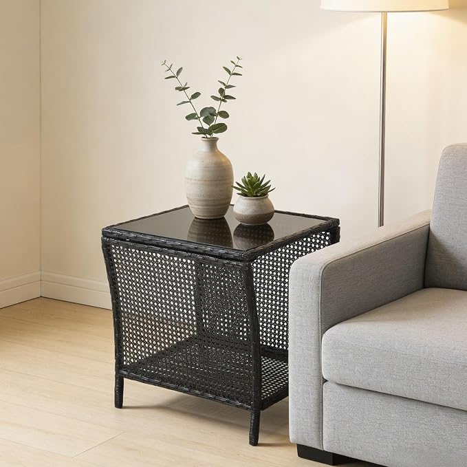 Outdoor Side Table - Patio Rattan End Table with Square Glass Tabletop, Wicker Outdoor Side Table with Extra Storage Shelf for Garden, Backyard, Porch, Black