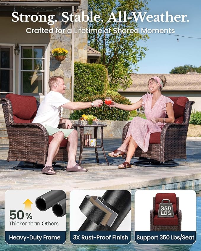 HILLGA 6-Piece Luxury Patio Furniture Set with 6" Thick Cushions, Weather-Resistant Wicker High Back Swivel Rocker Chairs, Senior-Friendly Conversation Set for Small Porch and Deck, Burgundy(V2)