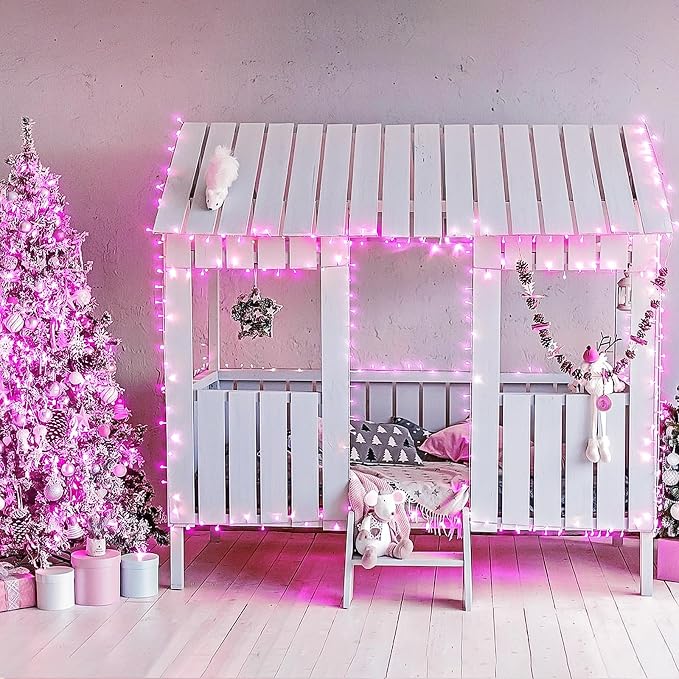 JMEXSUSS Connectable 8 Modes 33ft 100 LED Pink Christmas Lights | Pink Room Lights Clear Wire, Plug in Pink String Lights Indoor Outdoor for Room Decor Christmas Tree Bedroom Valentines Party