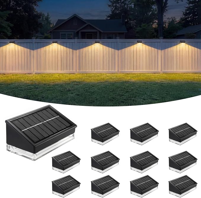 Solar Fence Lights 12 Pack, Outdoor Solar Lights with 3 Color Temperatures, IP65 Waterproof Wide-Angle LED Lighting for Fence, Patio, Yard, Deck, Wall, Garden (Black)