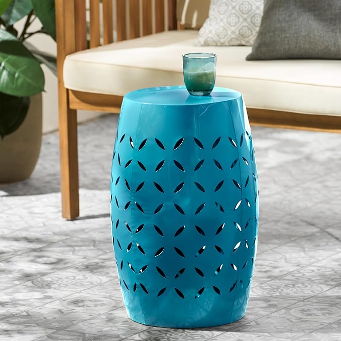 12" Outdoor Side Table, Metal Round Side Table, Multi Functional Decorative Cutout, Coffee Table, Night Stand, Plant Stand for Patio, Garden, Backyard, Gazebo Indoor (Blue)