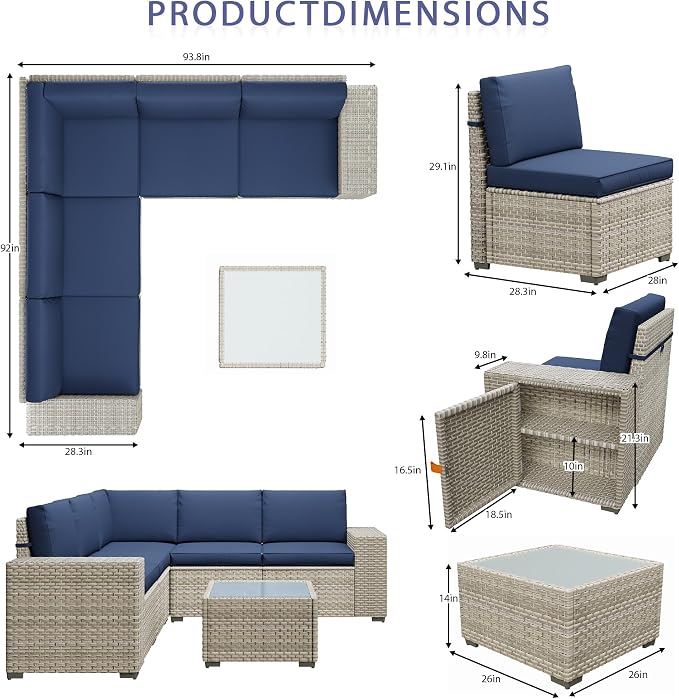 12 Piece Patio Furniture Set, 9.8" Wide Arm Sectional Sofa with Storage Armrests, All-Weather Rattan Outdoor Conversation Set for Garden, Porch, Lawn, Backyard, Balcony, Blue