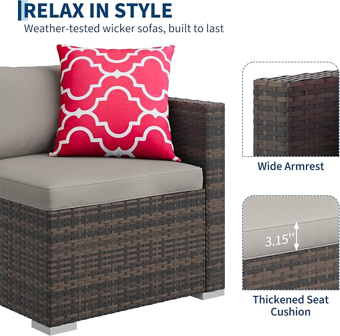 5 Piece Outdoor Patio Furniture Set, Rattan Deck Conversation Sofa Set with Non-Slip Cushions, All-Weather Sectional Sofa with Glass Storage Table and Balcony Footstool, Poolside, Garden, Brown+Gray