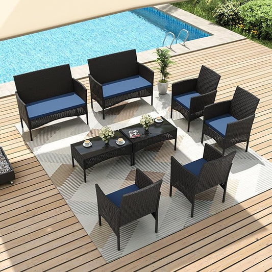 Gotland 8 Pieces Patio Furniture Set, Wicker Outdoor Furniture with 4 Chairs 2 Loveseats 2 Glass Coffee Tables, Weather-Resistant Patio Set, Conversation Set for Backyard Pool Porch Navy