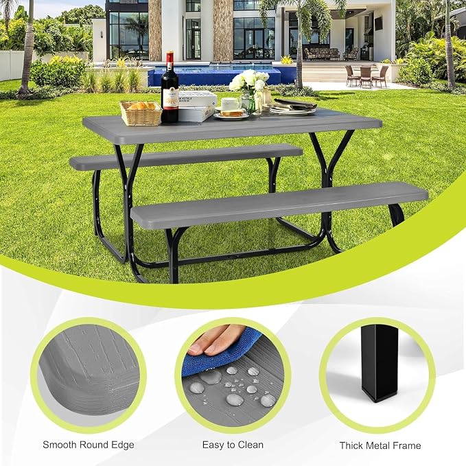 Picnic Table, Outdoor Table Bench Set with Metal Frame & Wood-Like Texture, Large Picnic Table with All Weather-Resistant Tabletop, Camping Picnic Tables for Patio, Lawn, Dining Party, Grey