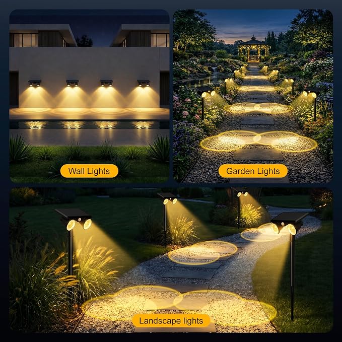 Solar Lights Outdoor Waterproof, Dual Heads Adjustable Solar Spot Lights Outdoor, 2-in-1 Motion Sensor Solar Powered Spotlight Landscape Lighting for Garden, Yard, Pathway- 4 Pack(Warm Light)
