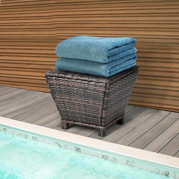 20in Outdoor PE Wicker Side Table,Trapezoidal Patio Rattan End Table,Outside Storage Bin Container,All-Weather Small Storage Box Tables,with Lid,for Garden Porch Poolside Deck Backyard (Brown)