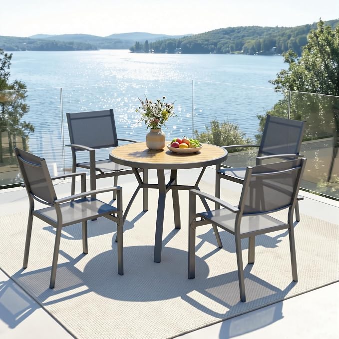 FansaFurn Patio Table and Chairs Set for 4, Outdoor Patio Furniture Set with Metal Textilene Chairs and Aluminum Table, All-Weather Outdoor Dining Set with HDPS Round Tabletop for Patio Porch