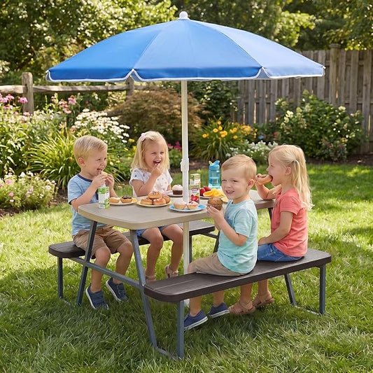 KOTEK Kids Picnic Table with Umbrella, Toddler Outdoor Table and Bench Set, Easy to Clean, HDPE Top & Metal Frame, 660LBS Capacity, Kids Patio Furniture for Backyard Park Garden (Coffee)