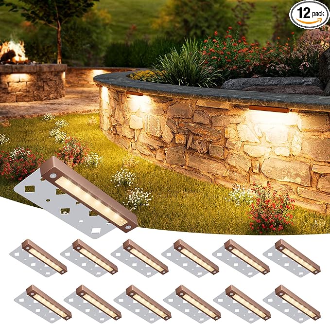 VOLISUN 7 Inch Retaining Wall Lights, 2700K Hardscape Lighting, 12 Pack | IP65 Waterproof, Cuttable Low Voltage Landscape Lighting, 12V Paver Lights, 3W Outdoor Step Lights, ETL