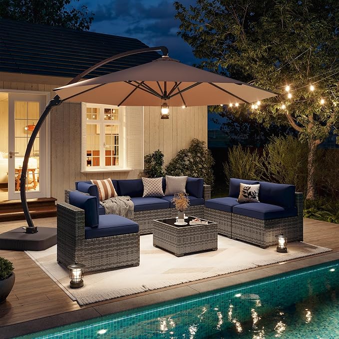 Aoxun Patio Furniture Sets, 8-Piece Outdoor Patio Furniture with 11FT X 11FT Cantilever Umbrella, Wicker Outdoor Conversation Set Sectional Sofa for Backyard, Poolside, Garden