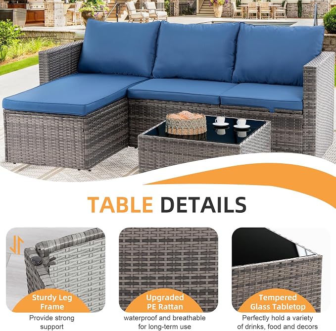 Shintenchi 4 Pieces Patio Furniture Set, 2-in-1 Convertible Sectional Sofa & Chaise Lounge, All-Weather Wicker Rattan Sofa Couch with Cushions & Coffee Table for Yard, Garden, Porch, Poolside (Blue)