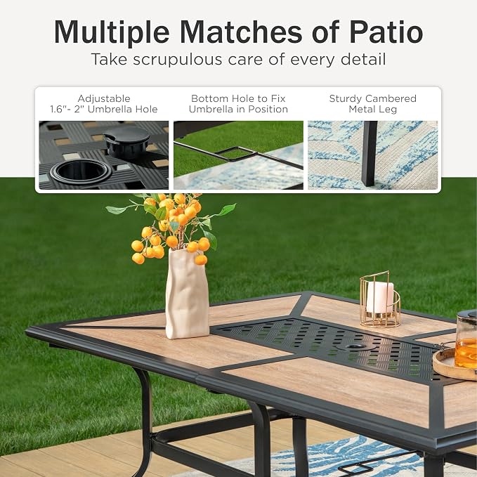 PHI VILLA 8 Pc Outdoor Dining Set with 13ft Umbrella, Swivel Mesh Chairs | 60'' wood-look rectangular table, 6 grey patio textilene chairs and 13ft navy blue umbrella(NO BASE) for deck, garden, yard