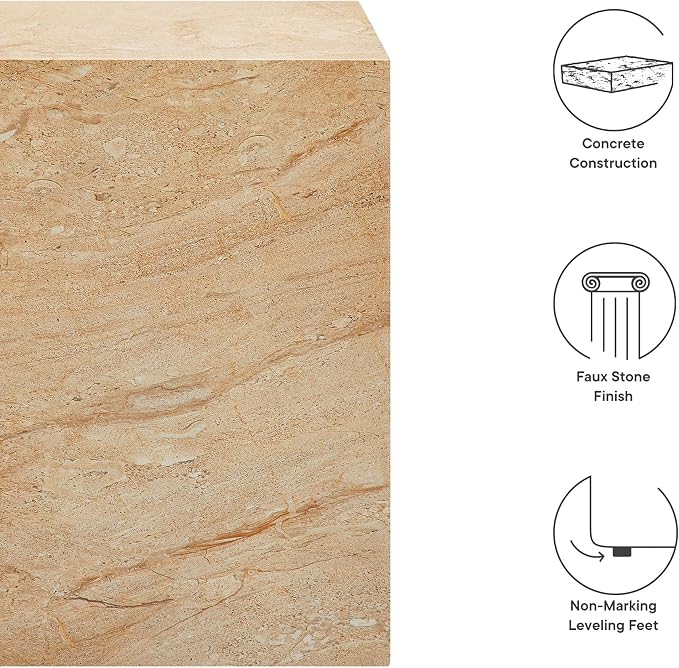 Modway Jordana Indoor Outdoor Concrete Side Table in Travertine – Square Plinth End Table with Faux Stone Finish - Concrete Furniture Accent Table for Patio, Garden, or Living Room